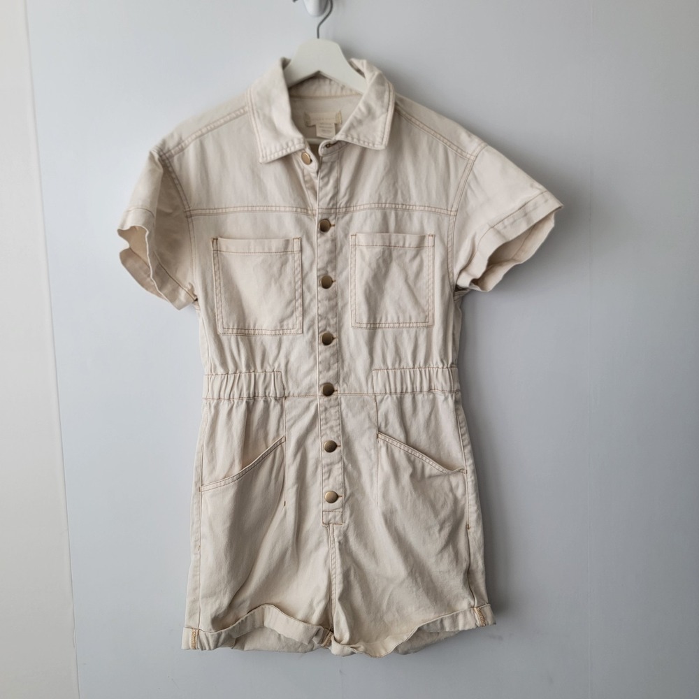 Altar'd state women's Denim button-front Utility Romper size S short sleeve
